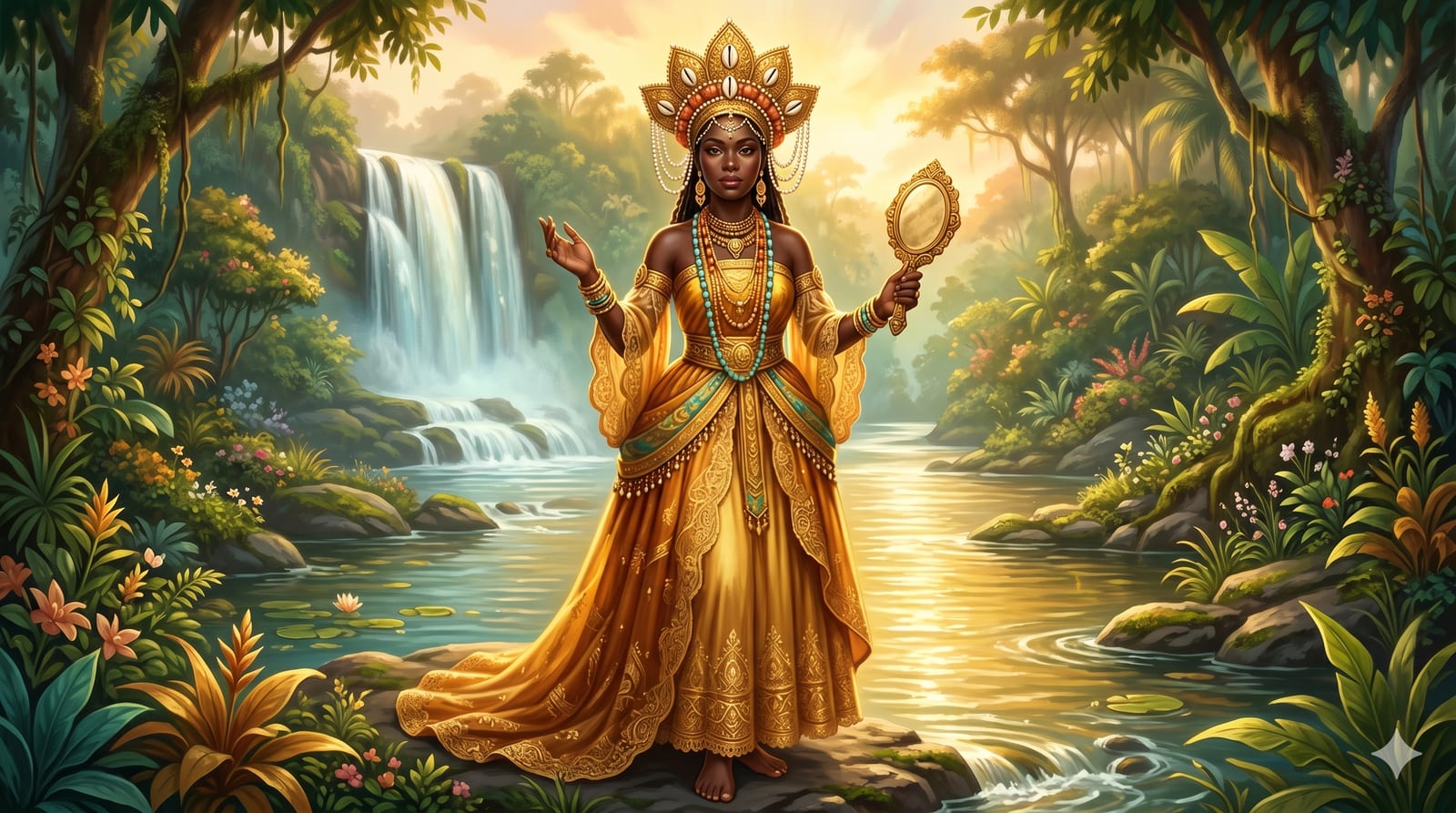 Ilustração de Oxum, senhora das águas doces, com coroa dourada e espelho